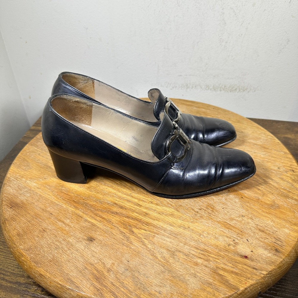 Salvatore Ferragamo Sona Black Leather Gancini Loafer Block Heel Pumps 5.5 AA